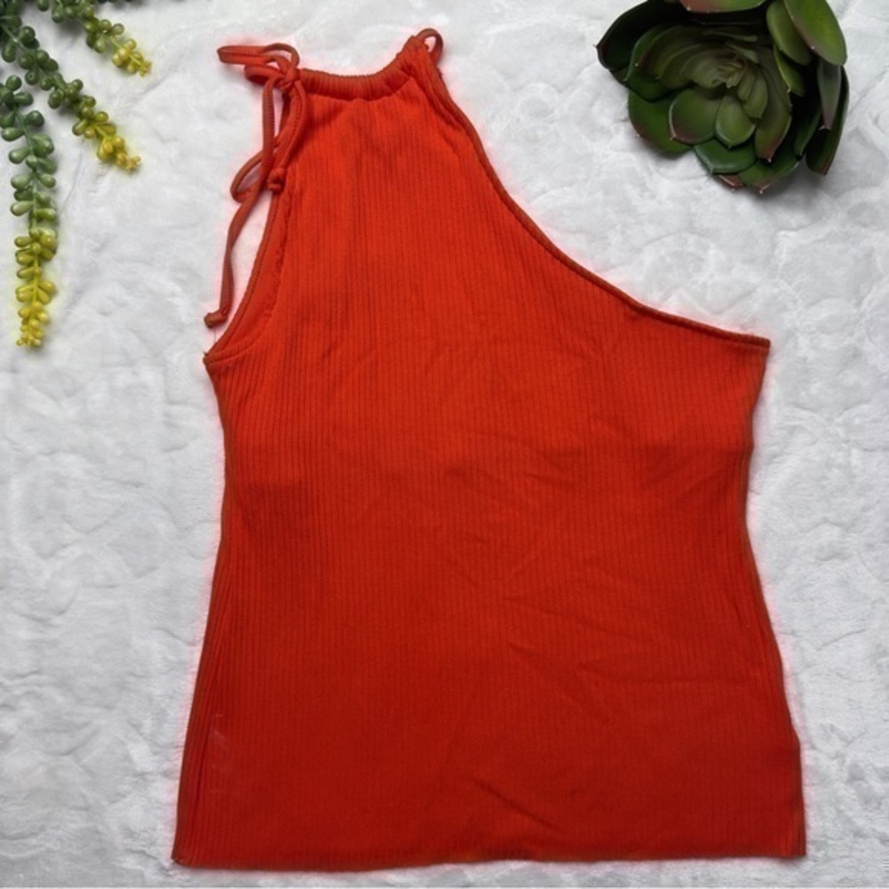 The Range Alloy Rib One Shoulder Tank With Built-In Bra in Fuego Red Orange Med